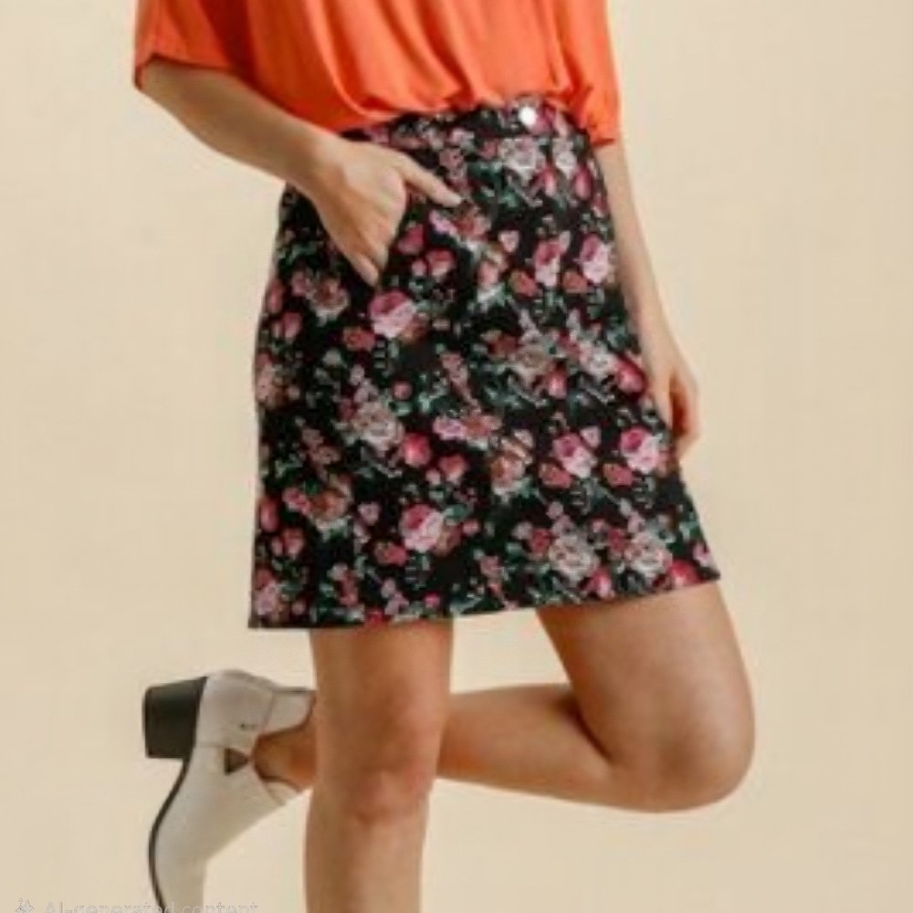 Umgee Black & Pink Floral Mini Skirt Size Med Velvety Stretchy